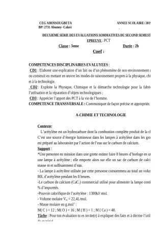 Première page de PCT 3e — 2e évaluation sommative, 2e semestre (2019-2020) · CEG Ahossougbéta