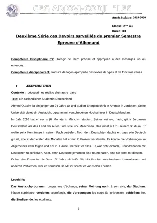 Première page de Allemand 2nde B — 2e devoir surveillé, 1er semestre (2019-2020) · CEG ADJOVICODJI 'LES OLIVIERS'