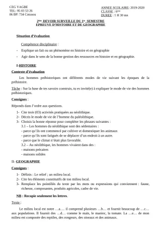 Première page de Histoire-Géographie 6e — 2e devoir surveillé, 1er semestre (2019-2020) · CEG Yagbe