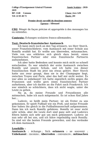 Première page de Allemand 1ère A2, 1ère B — 1er devoir surveillé, 2e semestre (2018-2019) · CEG L'Entente