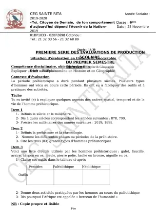 Première page de Histoire-Géographie 6e, 5e, 4e ML&MC, 3e, 3e ML, 2nde A2, 2nde B, 2nde C, 1ère A2, 1ère C, 1ère D, Tle A2, Tle B, Tle C, Tle D — Production scolaire, 1er semestre (2019-2020) · CEG Sainte Rita