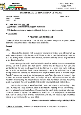 Première page de Examen Blanc de ANGLAIS — 3e ML — CEG1 Adjarra (2020)
