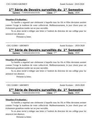 Première page de Français 5e — 1er devoir surveillé, 1er semestre (2018-2019) · CEG GOHO
