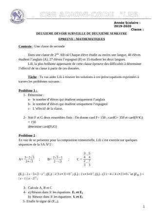 Première page de Mathématiques 2nde B — 2e devoir surveillé, 2e semestre (2019-2020) · CEG ADJOVICODJI 'LES OLIVIERS'