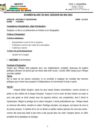 Première page de Examen Blanc de HIST-GEO — Tle A & B, Tle A1, Tle A2, Tle B — CEG1 Adjarra (2020)