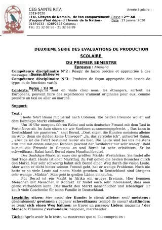 Première page de Allemand 4e ML, 3e ML, 2nde A2, 2nde B, 1ère A2, 1ère B, Tle A2, Tle B — Production scolaire, 1er semestre (2019-2020) · CEG Sainte Rita