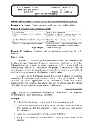 Première page de Philosophie 2nde C — 1er devoir surveillé, 2e semestre (2022-2023) · CEG2 ABOMEY - CALAVI (CEG ZOCA)