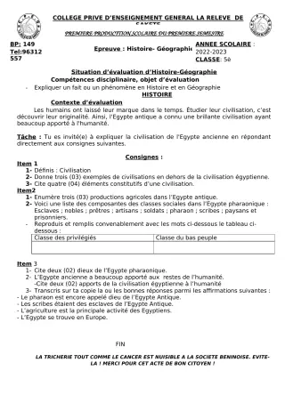 Première page de Histoire-Géographie 5e — 1er semestre (2022-2023) · CPEG LA RELEVE