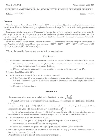 Première page de Mathématiques Tle C — 2e devoir surveillé, 1er semestre (2019-2020) · CEG2 OUIDAH