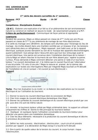 Première page de PCT 5e — 1er devoir surveillé, 1er semestre (2019-2020) · CEG AZOHOUE-ALIHO