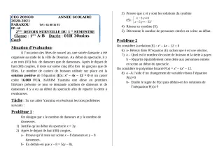Première page de Mathématiques 1ère A1, 1ère A2, 1ère B — 2e devoir surveillé, 1er semestre (2020-2021) · CEG ZONGO
