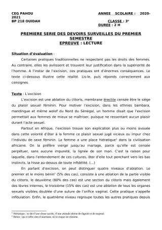 Première page de Français 3e, 3e ML — 1er devoir surveillé, 1er semestre (2020-2021) · CEG PAHOU
