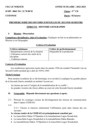 Première page de Histoire-Géographie 1ère C, 1ère D — 1er devoir surveillé, 2e semestre (2022-2023) · CEG LE NOKOUE