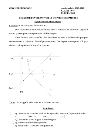 Première page de Mathématiques 6e — 2e devoir surveillé (2019-2020) · CEG ATROKPOCODJI