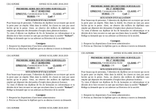 Première page de Français 4e, 3e — 1er devoir surveillé, 1er semestre (2018-2019) · CEG Kpébié