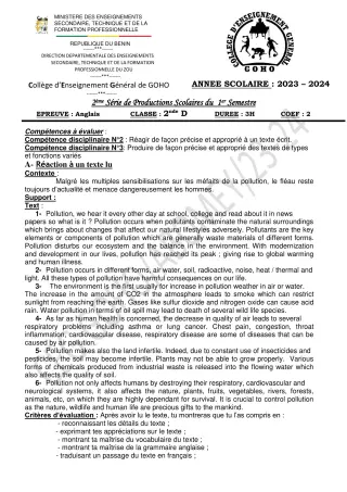 Première page de Anglais 2nde D — 2e production scolaire, 1er semestre (2023-2024) · CEG GOHO