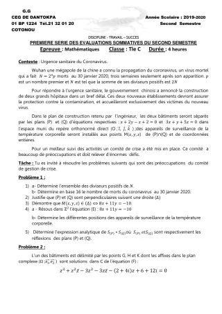 Première page de Mathématiques Tle C — 1re évaluation sommative, 2e semestre (2019-2020) · CEG Dantokpa