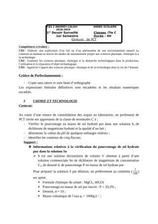Première page de PCT Tle C — 1er devoir surveillé, 1er semestre (2018-2019) · CEG2 ABOMEY - CALAVI (CEG ZOCA)