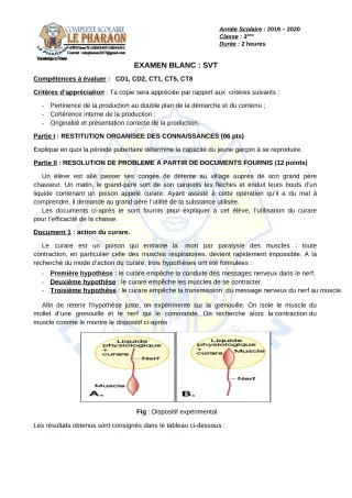 Première page de Examen Blanc de SVT — 3e, 3e ML — CPEG LE PHARAON (2019)