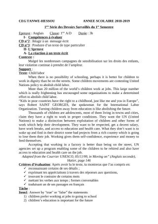 Première page de Anglais 1ère A — 1er devoir surveillé, 1er semestre (2018-2019) · CEG TANWE-HESSOU