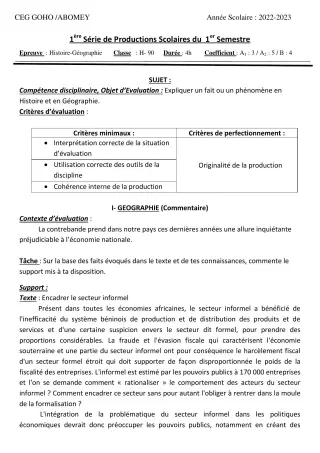 Première page de Histoire-Géographie Tle A2 — 1re production scolaire, 1er semestre (2022-2023) · CEG GOHO