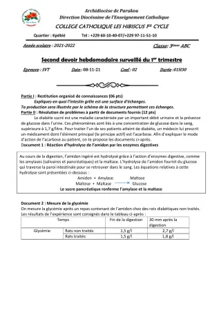 Première page de SVT 3e — 2e devoir surveillé, 1er trimestre (2021-2022) · Hibiscus 1er cycle