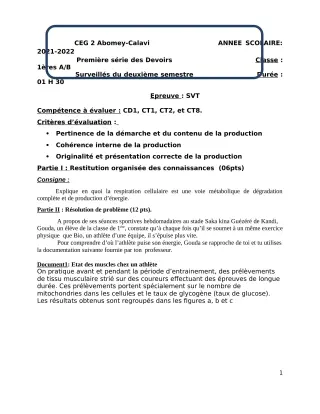 Première page de SVT 1ère B — 1er devoir surveillé, 2e semestre (2021-2022) · CEG2 ABOMEY - CALAVI (CEG ZOCA)