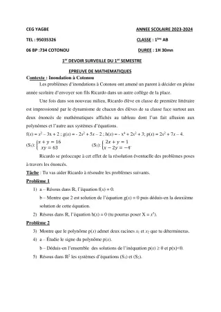 Première page de Mathématiques 1ère A2, 1ère B — 1er devoir surveillé, 1er semestre (2023-2024) · CEG Yagbe