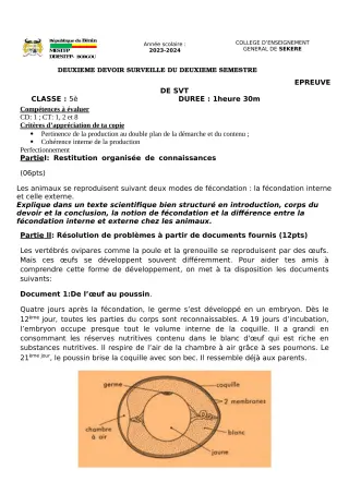 Première page de SVT 5e — 2e devoir surveillé, 2e semestre (2023-2024) · CEG SEKERE