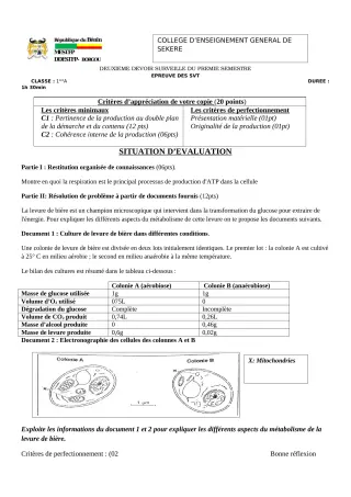Première page de SVT 1ère A2 — 2e devoir surveillé (2022-2023) · CEG SEKERE
