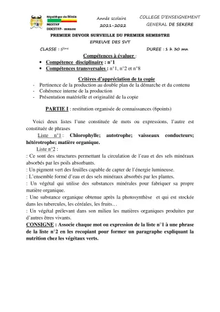 Première page de SVT 5e — 1er devoir surveillé, 1er semestre (2021-2022) · CEG SEKERE