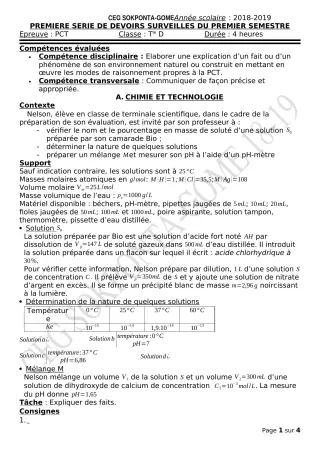 Première page de PCT Tle D — 1er devoir surveillé, 1er semestre (2018-2019) · CEG Sokponta-Gomé