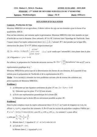 Première page de Mathématiques Tle D — 2e devoir surveillé (2019-2020) · CEG Hubert C. MAGA