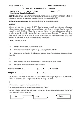 Première page de PCT 6e — 2e évaluation sommative, 1er semestre (2019-2020) · CEG AZOHOUE-ALIHO
