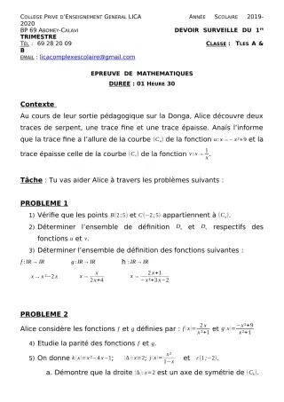 Première page de Mathématiques Tle A2, Tle B — Devoir surveillé, 1er trimestre (2019-2020) · CPEG LICA