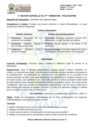 Première page de Philosophie 2nde A, 2nde B — 1er devoir surveillé, 2e trimestre (2019-2020) · CPEG LE PHARAON