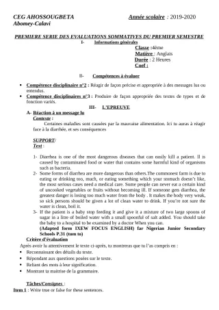 Première page de Anglais 4e, 4e ML — 1re évaluation sommative, 1er semestre (2019-2020) · CEG Ahossougbéta