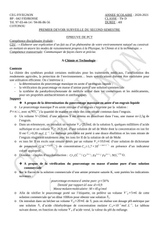 Première page de PCT Tle D — 1er devoir surveillé, 2e semestre (2020-2021) · CEG FIYEGNON