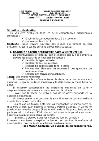 Première page de Espagnol 3e — 1er devoir surveillé, 2e semestre (2021-2022) · CEG ZONGO