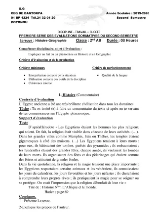 Première page de Histoire-Géographie 2nde A, 2nde A & B, 2nde A1, 2nde B, 2nde C, 2nde D — 1re évaluation sommative, 2e semestre (2019-2020) · CEG Dantokpa