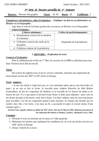 Première page de Histoire-Géographie 3e — 1er devoir surveillé, 1er semestre (2022-2023) · CEG GOHO
