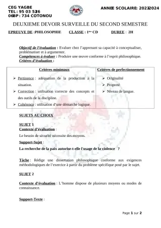 Première page de Philosophie 1ère C, 1ère D — 2e devoir surveillé, 2e semestre (2023-2024) · CEG Yagbe