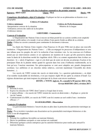 Première page de Histoire-Géographie Tle A2 — 2e évaluation sommative, 1er semestre (2020-2021) · CEG SEKERE