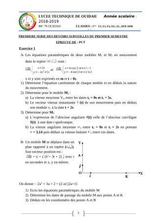 Première page de PCT 1ère BTP, 1ère DPB, 1ère EL, 1ère F2, 1ère F3, 1ère F4, 1ère OG — 1er devoir surveillé, 1er semestre (2018-2019) · LT Ouidah