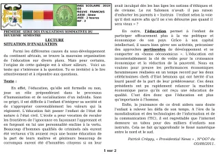 Première page de Français 4e, 4e ML — 1re évaluation sommative, 2e semestre (2019-2020) · CEG GBESSOU