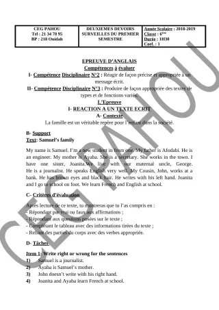 Première page de Anglais 6e — Devoir surveillé, 1er semestre (2018-2019) · CEG PAHOU