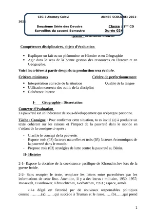 Première page de Histoire-Géographie 1ère C — 2e devoir surveillé, 2e semestre (2021-2022) · CEG2 ABOMEY - CALAVI (CEG ZOCA)