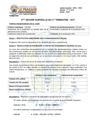 Première page de SVT 1ère A, 1ère B — 2e devoir surveillé, 1er trimestre (2019-2020) · CPEG LE PHARAON