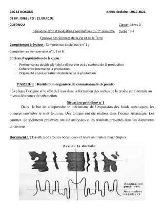 Première page de SVT 1ère D — Évaluation sommative, 1er semestre (2020-2021) · CEG LE NOKOUE