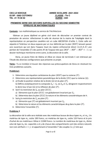 Première page de Mathématiques Tle C — 1er devoir surveillé, 2e semestre (2021-2022) · CEG LE NOKOUE